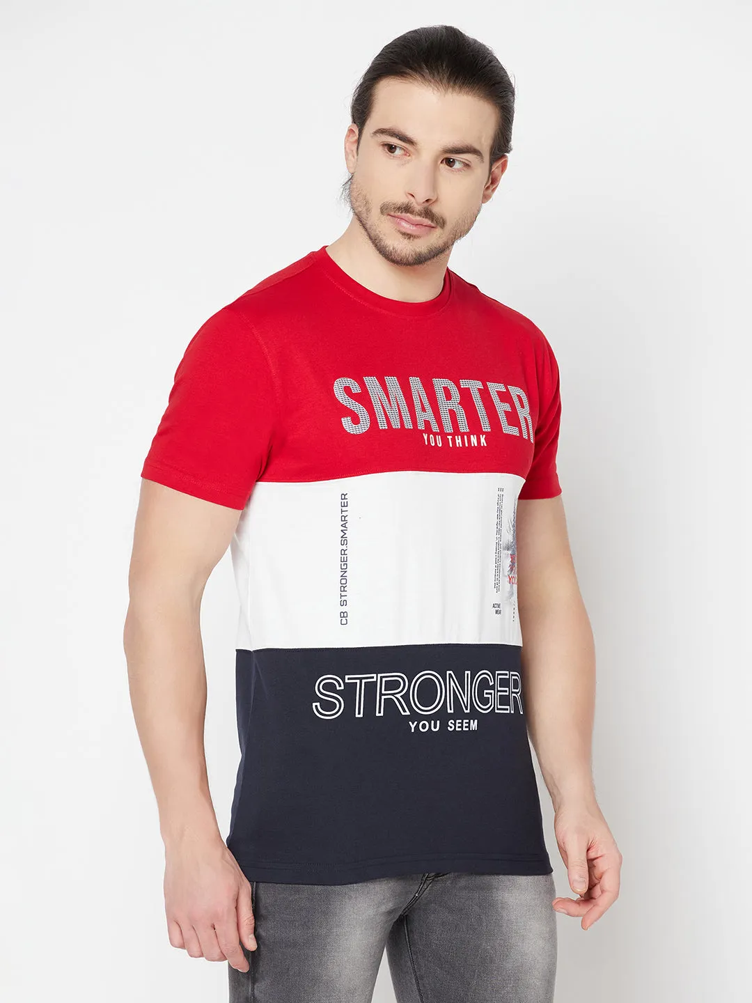 Men's Red Color block Round neck Half Sleeve T-Shirt with Print