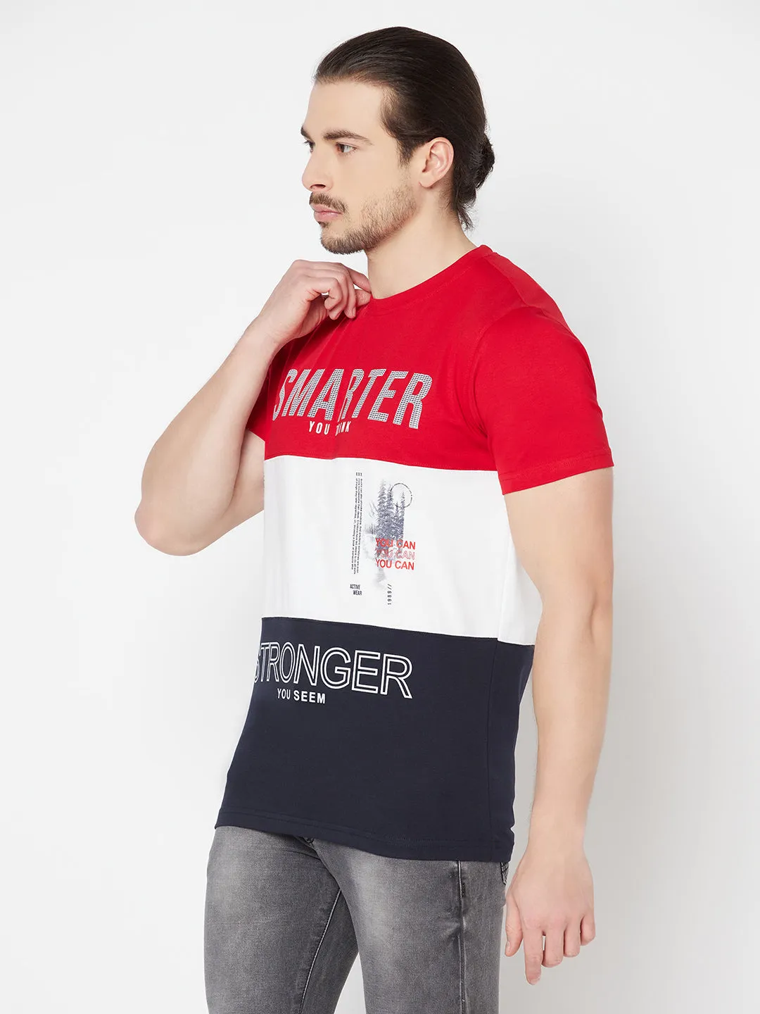 Men's Red Color block Round neck Half Sleeve T-Shirt with Print