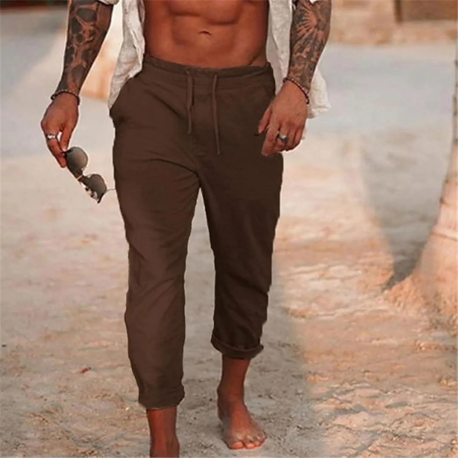 Men's Summer Cotton and Linen Solid Color Drawstring Loose Casual Outdoor Beach Pants 2025