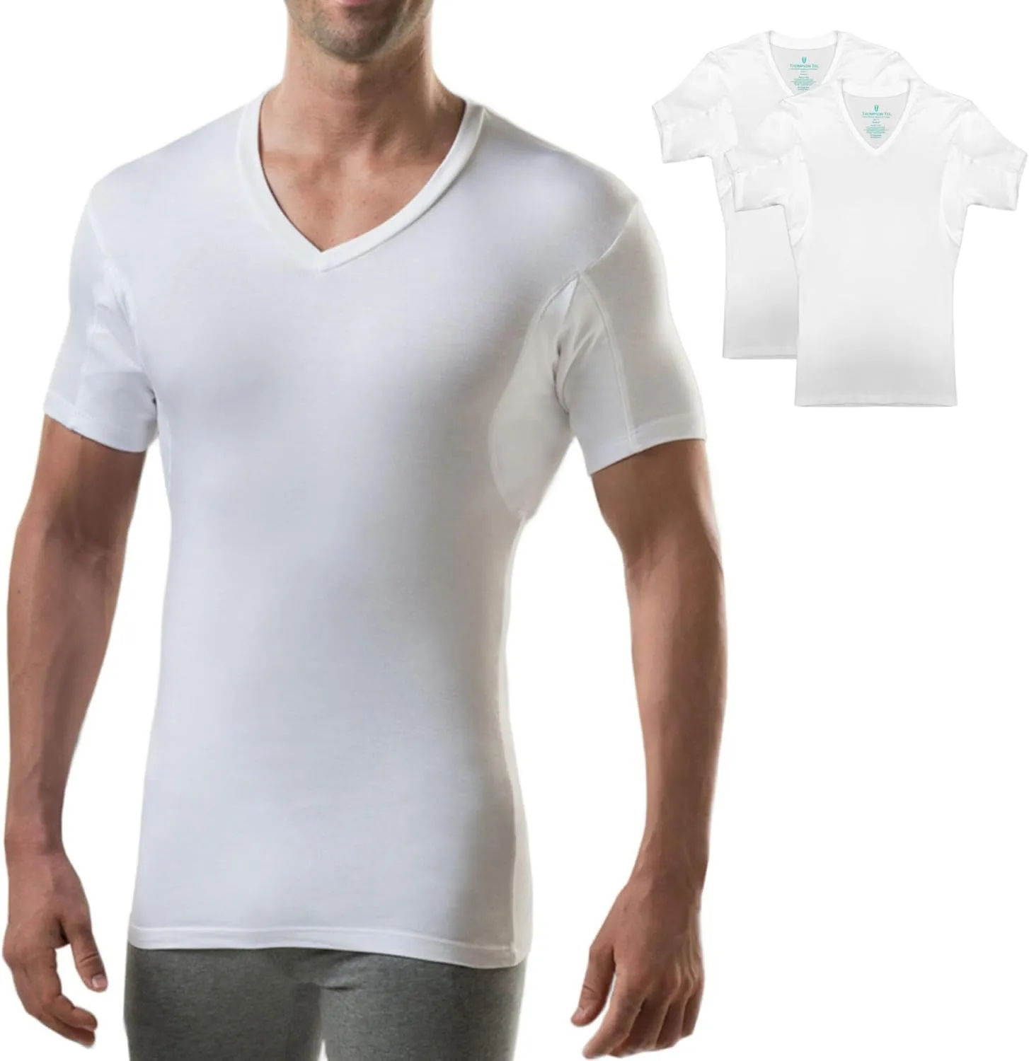 Men's Sweatproof Undershirt | Slim Fit V Neck T-Shirt with Underarm Sweat Pads, 2-Pack | Aluminum-Free Alternative