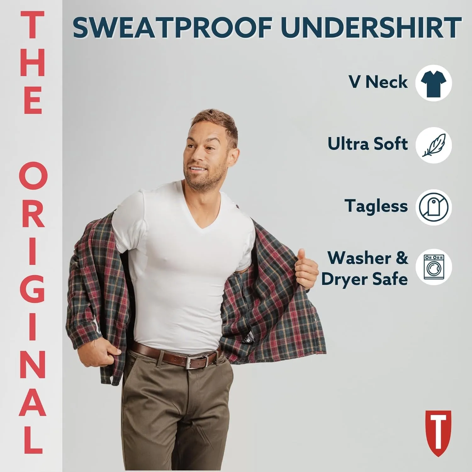 Men's Sweatproof Undershirt | Slim Fit V Neck T-Shirt with Underarm Sweat Pads, 2-Pack | Aluminum-Free Alternative