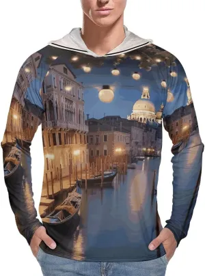 Men's UPF 50  Sun Protection Hoodie Outdoor UV Shirts Beautiful Venice at Night Long Sleeve Quick Dry Fishing Hiking Shirt