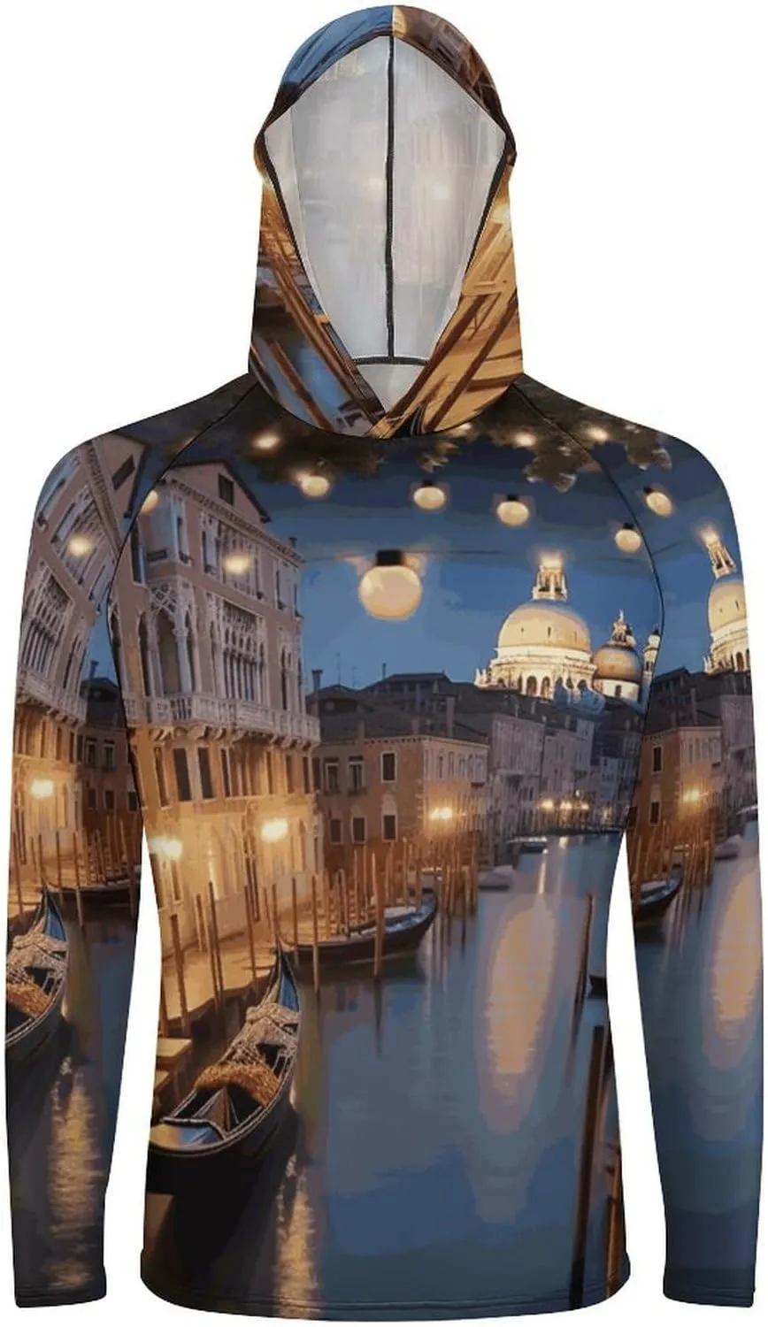 Men's UPF 50  Sun Protection Hoodie Outdoor UV Shirts Beautiful Venice at Night Long Sleeve Quick Dry Fishing Hiking Shirt