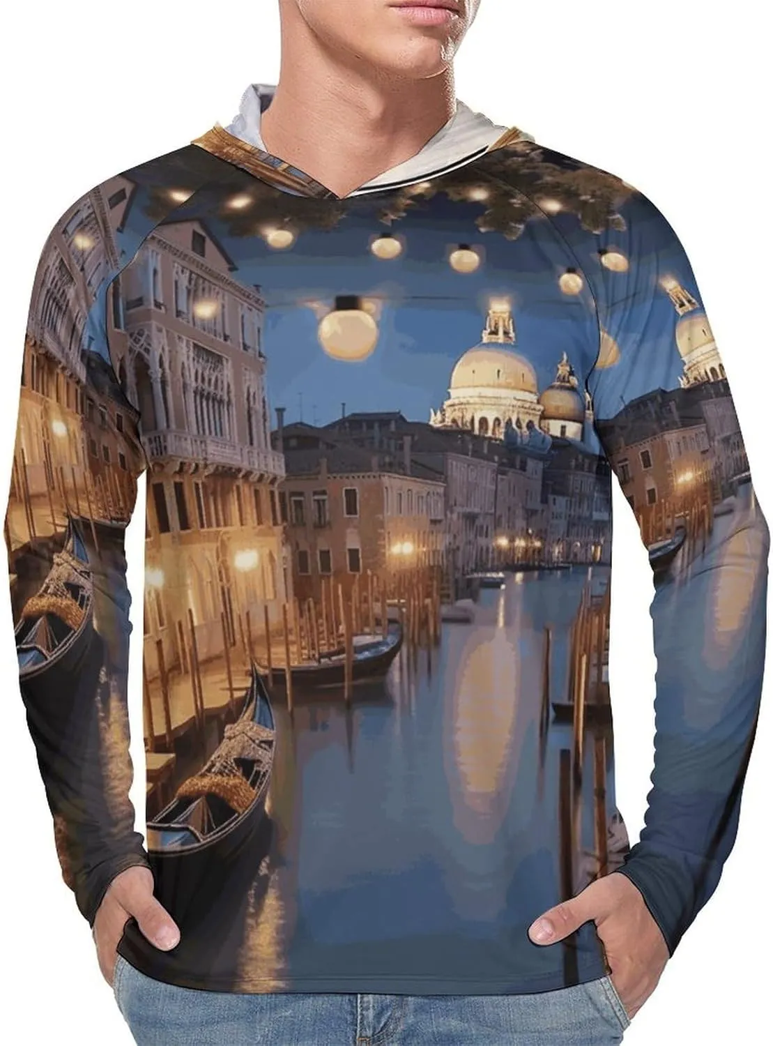 Men's UPF 50  Sun Protection Hoodie Outdoor UV Shirts Beautiful Venice at Night Long Sleeve Quick Dry Fishing Hiking Shirt