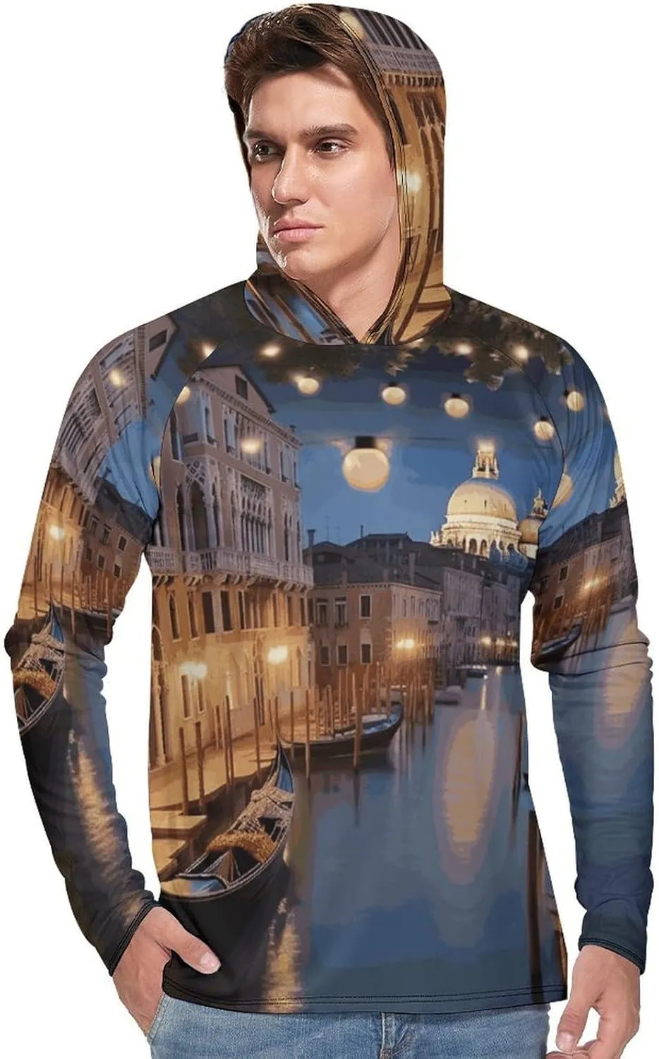 Men's UPF 50  Sun Protection Hoodie Outdoor UV Shirts Beautiful Venice at Night Long Sleeve Quick Dry Fishing Hiking Shirt