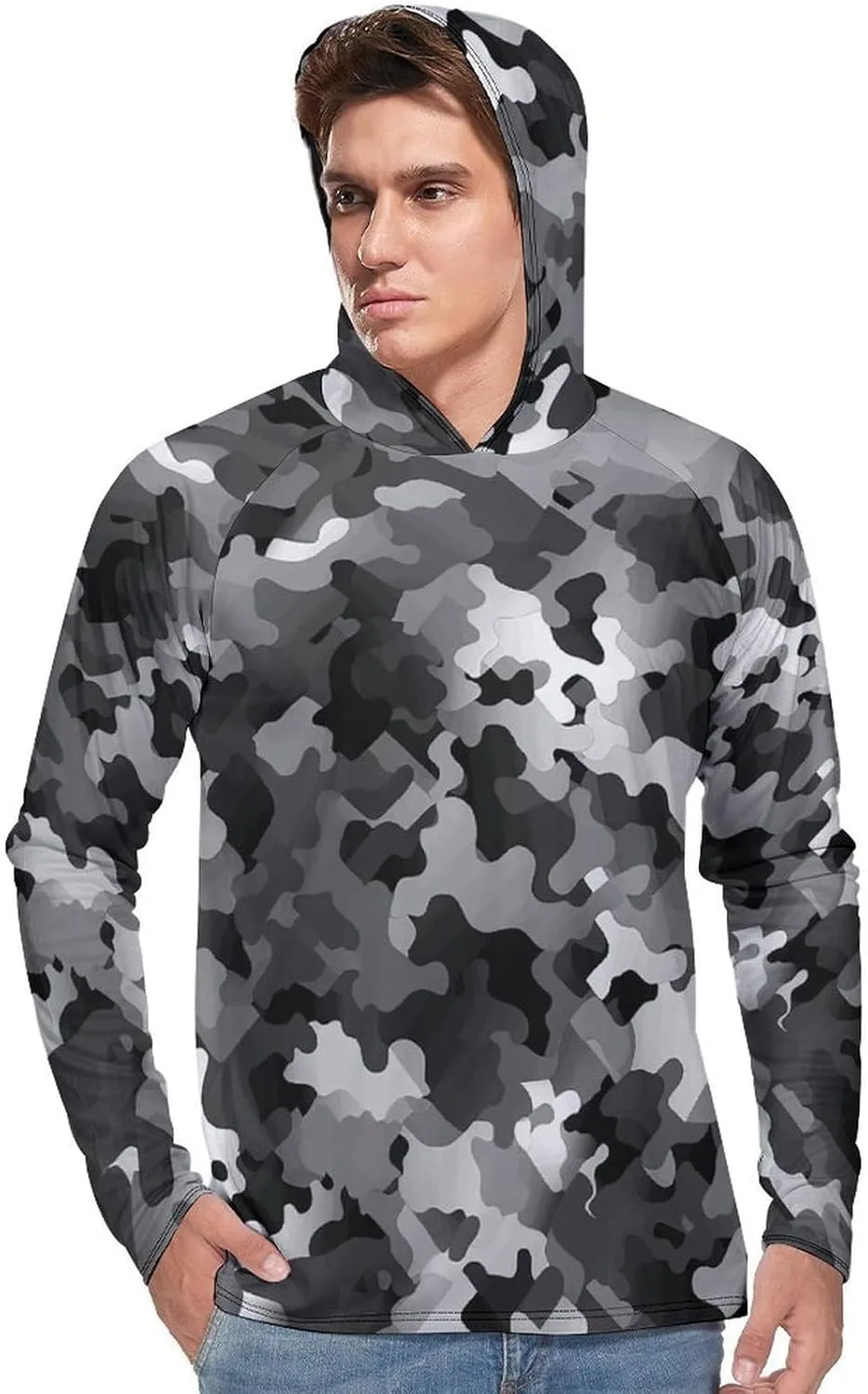 Men's UPF 50  Sun Protection Hoodie Outdoor UV Shirts Black White Gray Camouflage Long Sleeve Quick Dry Fishing Hiking Shirt
