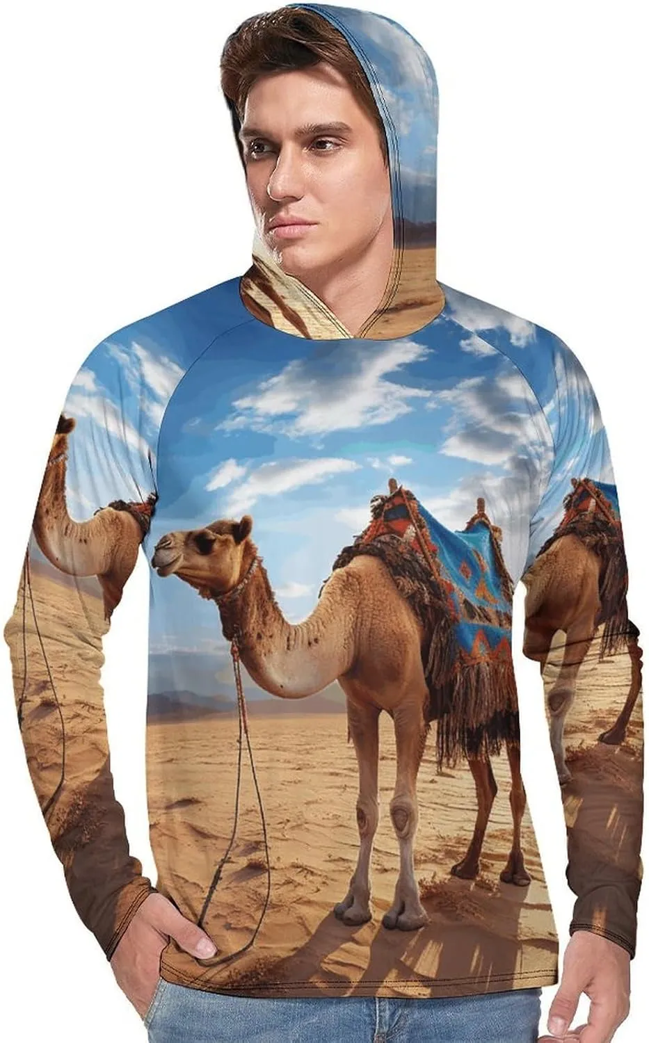 Men's UPF 50  Sun Protection Hoodie Outdoor UV Shirts Camel Sky Long Sleeve Quick Dry Fishing Hiking Shirt
