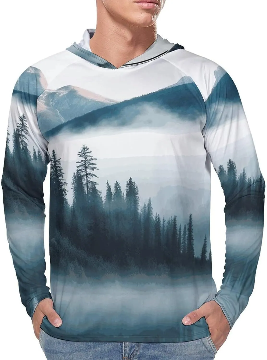Men's UPF 50  Sun Protection Hoodie Outdoor UV Shirts Foggy Mountains Landscape Long Sleeve Quick Dry Fishing Hiking Shirt