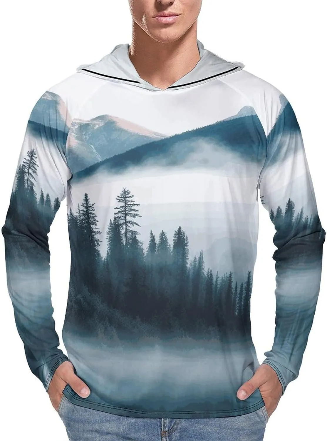 Men's UPF 50  Sun Protection Hoodie Outdoor UV Shirts Foggy Mountains Landscape Long Sleeve Quick Dry Fishing Hiking Shirt