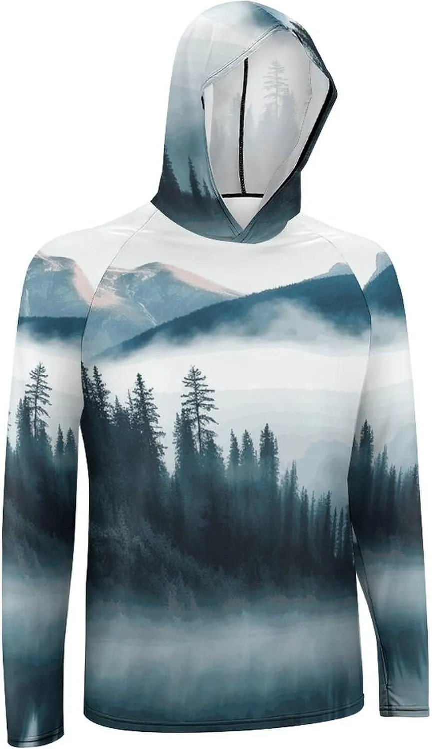 Men's UPF 50  Sun Protection Hoodie Outdoor UV Shirts Foggy Mountains Landscape Long Sleeve Quick Dry Fishing Hiking Shirt
