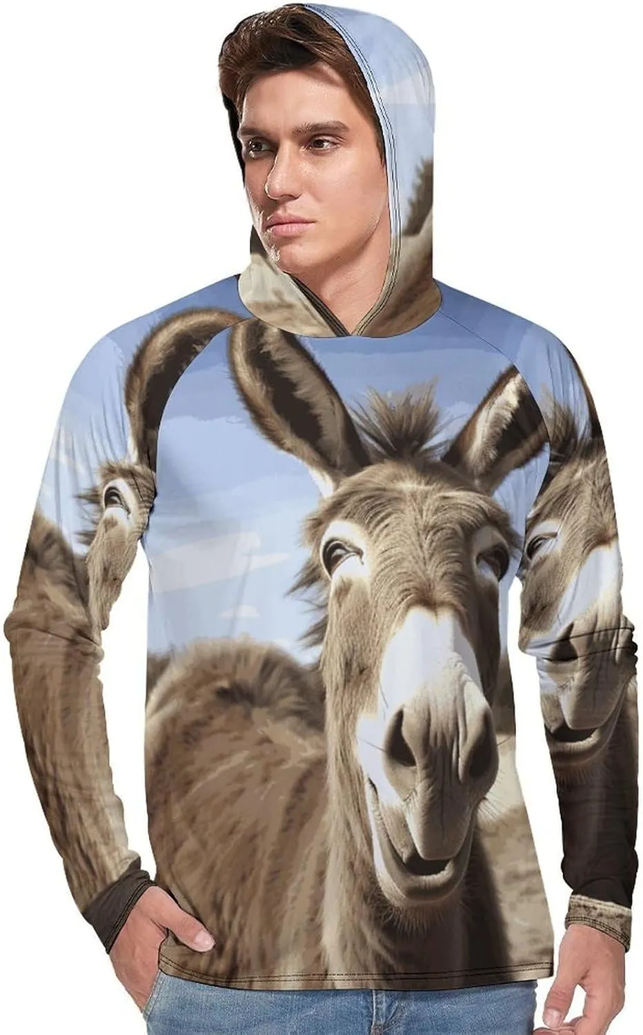 Men's UPF 50  Sun Protection Hoodie Outdoor UV Shirts Funny Donkey Long Sleeve Quick Dry Fishing Hiking Shirt