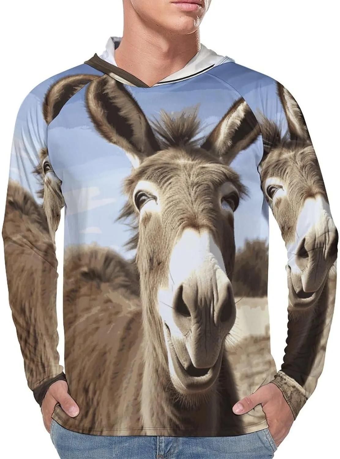 Men's UPF 50  Sun Protection Hoodie Outdoor UV Shirts Funny Donkey Long Sleeve Quick Dry Fishing Hiking Shirt