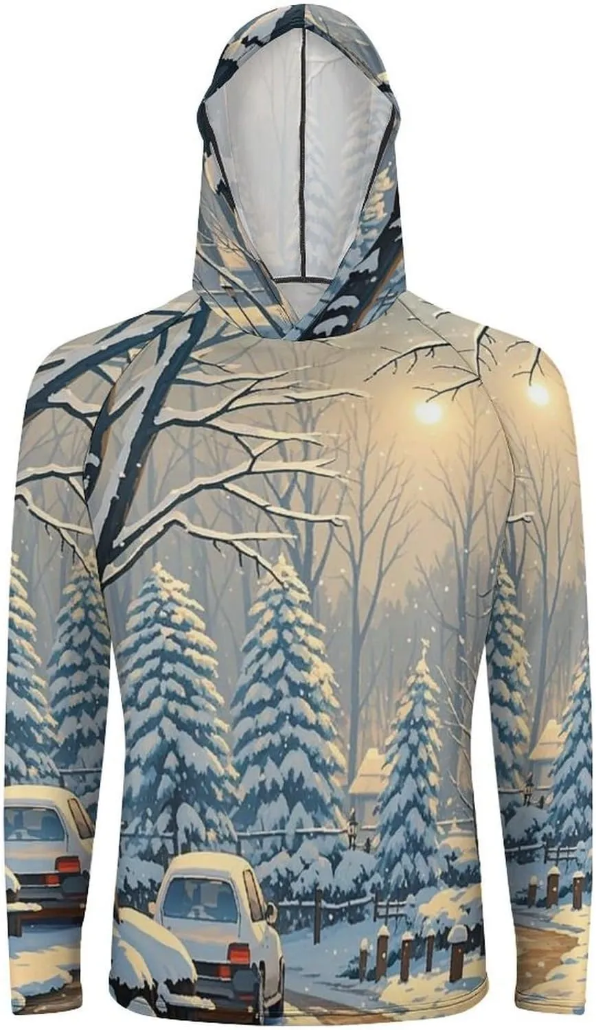 Men's UPF 50  Sun Protection Hoodie Outdoor UV Shirts Winter Snow Scene Long Sleeve Quick Dry Fishing Hiking Shirt
