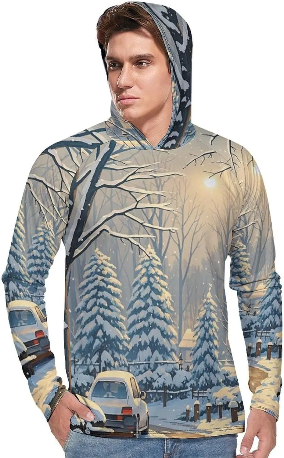 Men's UPF 50  Sun Protection Hoodie Outdoor UV Shirts Winter Snow Scene Long Sleeve Quick Dry Fishing Hiking Shirt