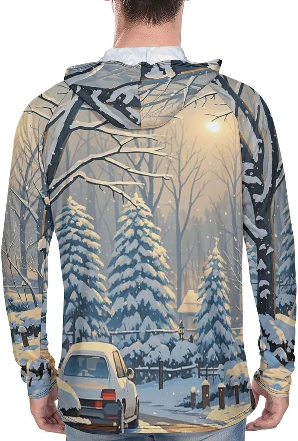 Men's UPF 50  Sun Protection Hoodie Outdoor UV Shirts Winter Snow Scene Long Sleeve Quick Dry Fishing Hiking Shirt