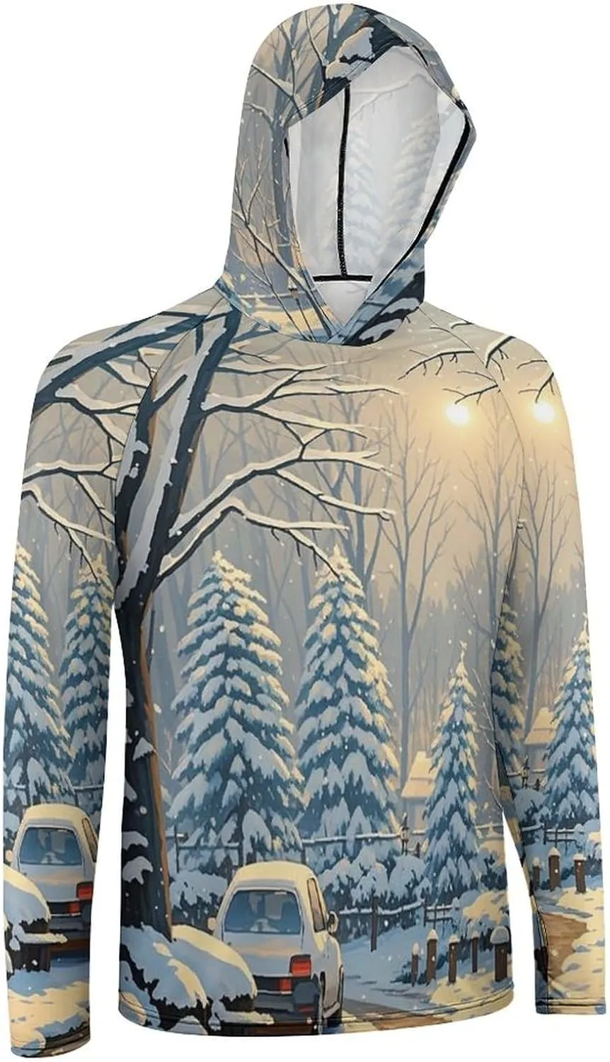 Men's UPF 50  Sun Protection Hoodie Outdoor UV Shirts Winter Snow Scene Long Sleeve Quick Dry Fishing Hiking Shirt