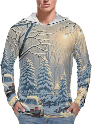 Men's UPF 50  Sun Protection Hoodie Outdoor UV Shirts Winter Snow Scene Long Sleeve Quick Dry Fishing Hiking Shirt