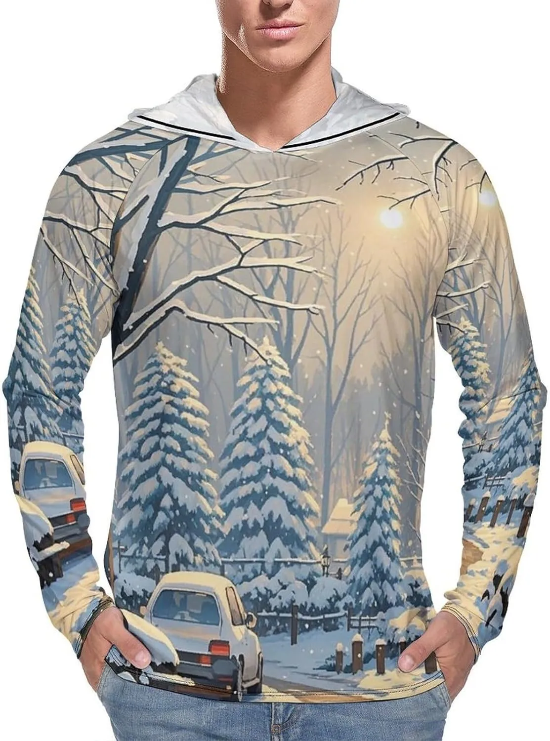 Men's UPF 50  Sun Protection Hoodie Outdoor UV Shirts Winter Snow Scene Long Sleeve Quick Dry Fishing Hiking Shirt