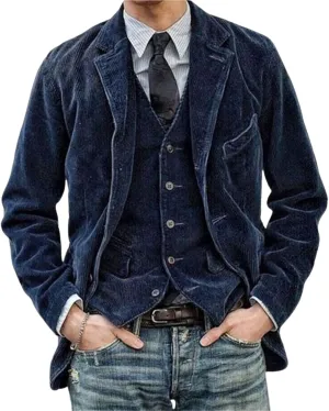 Men's Vintage Corduroy Blazer Jacket Business Casual Work Wear Suit Jacket Long Sleeve Single Breasted Blazer Coat