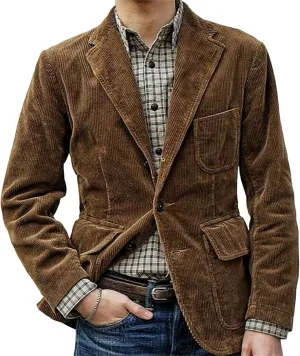 Men's Vintage Corduroy Blazer Jacket Business Casual Work Wear Suit Jacket Long Sleeve Single Breasted Blazer Coat