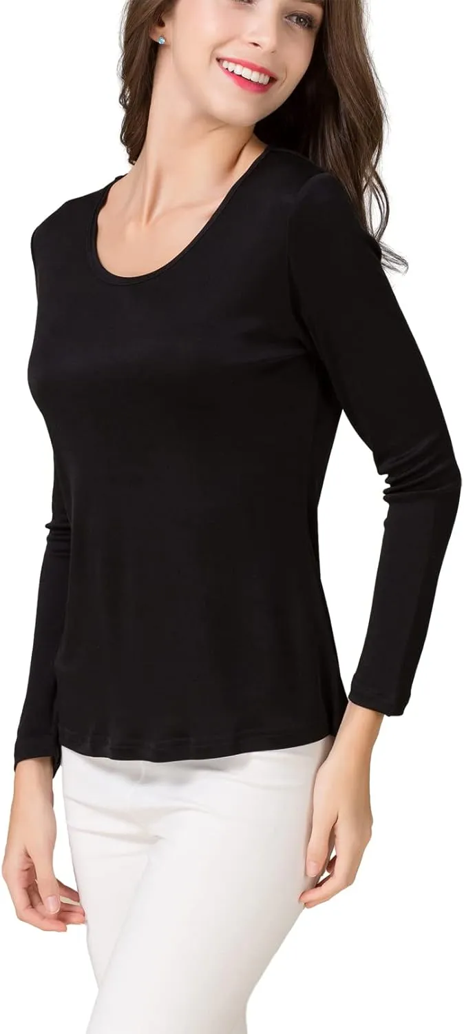 METWAY Women's Mulberry Silk T-Shirt Long Sleeve Pure Silk tee Shirt/Crew Neck Silk Blouse Undershirt