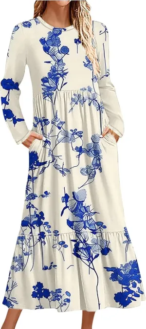 Midi Dresses for Women 2024 Elegant Floral Long Sleeve Round Neck Smocked A-Line Flowy Tiered Maxi Dress with Pockets Casual Fall Dresses for Women White M