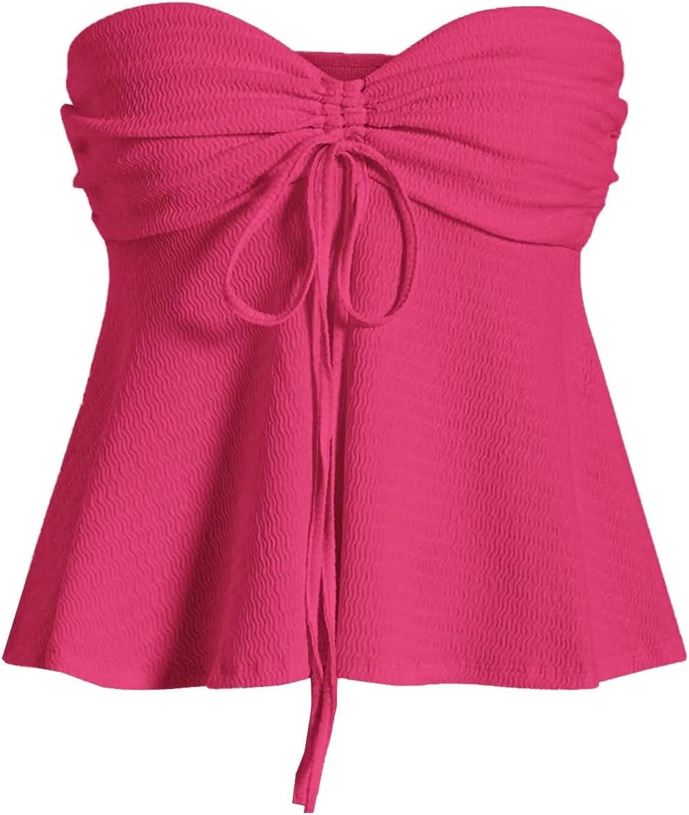 Milumia Women Tie Front Ruched Tube Top Strapless Flared Hem Peplum Bandeau Tops