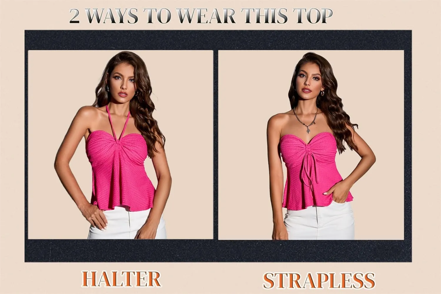 Milumia Women Tie Front Ruched Tube Top Strapless Flared Hem Peplum Bandeau Tops