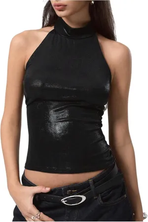 Milumia Women's Sexy Backless Halter Top Sleeveless Slim Fit Party Rave Tank Tops