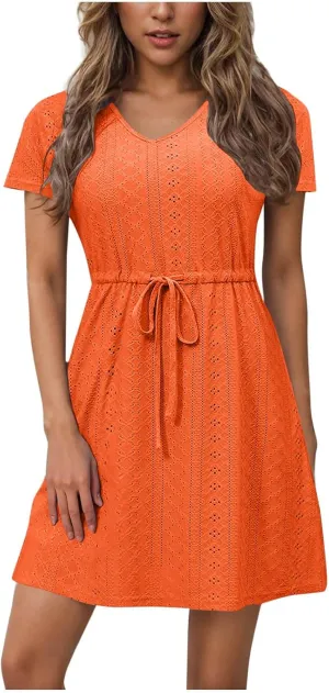 Mini Dresses for Women Casual Split Drawstring Waist Eyelet Dress Comfy Solid Color V Neck Short Sleeve Tunic Dress