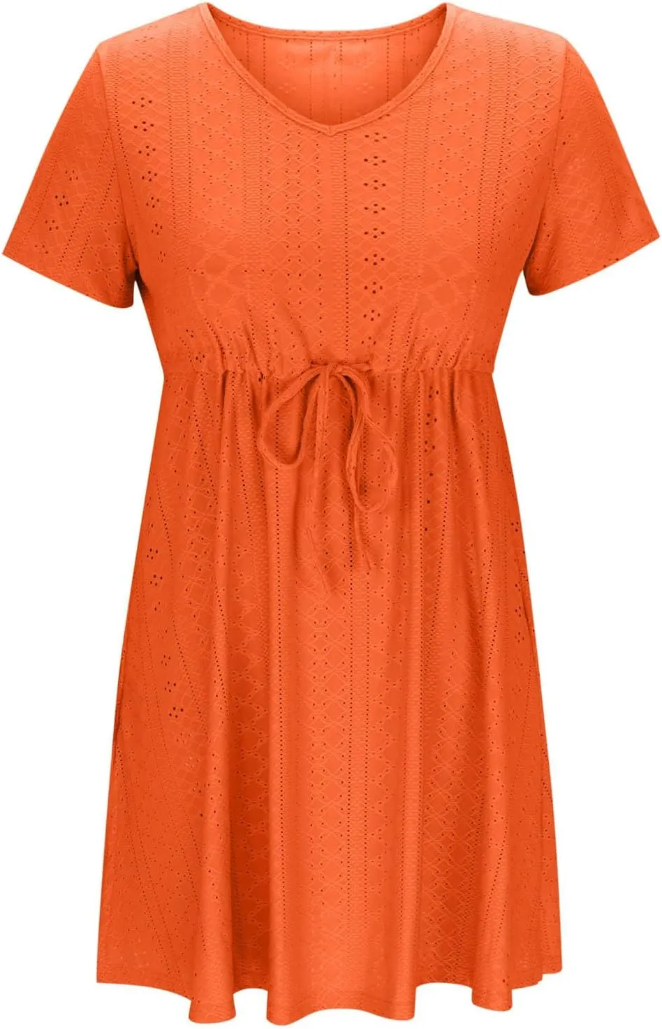 Mini Dresses for Women Casual Split Drawstring Waist Eyelet Dress Comfy Solid Color V Neck Short Sleeve Tunic Dress