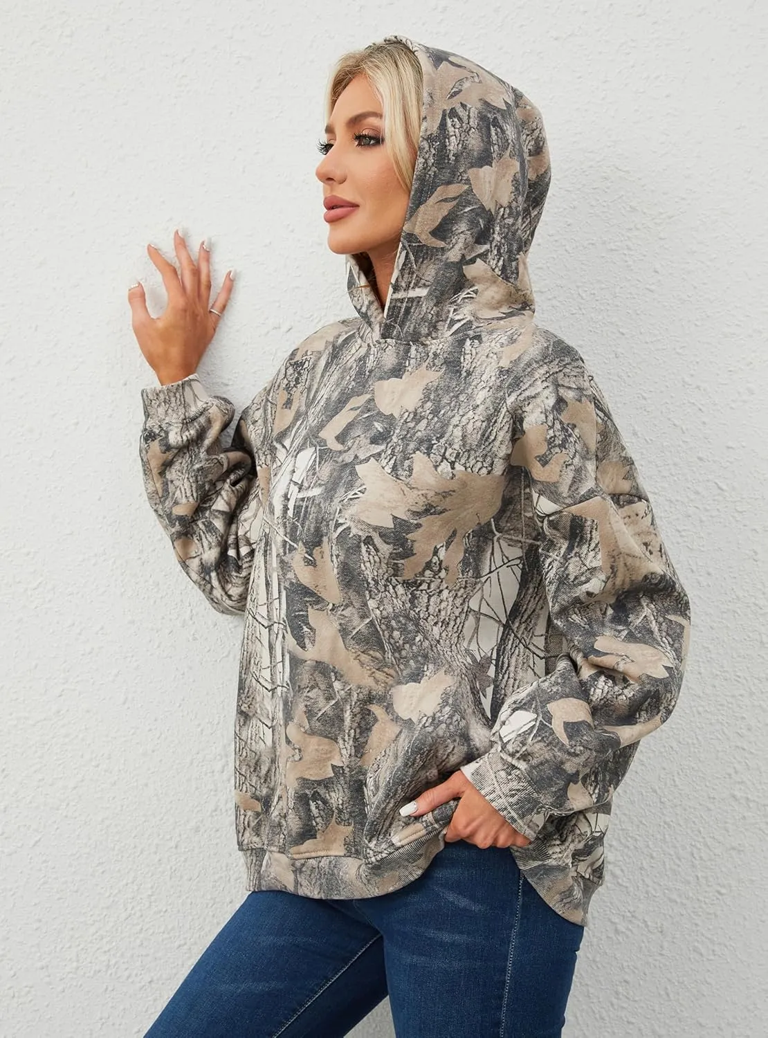 MISSACTIVER Womens Oversized Camo Hoodies Maple Leaf Print Hooded Sweatshirt Fleece Long Sleeve Pullover Fall Outfits