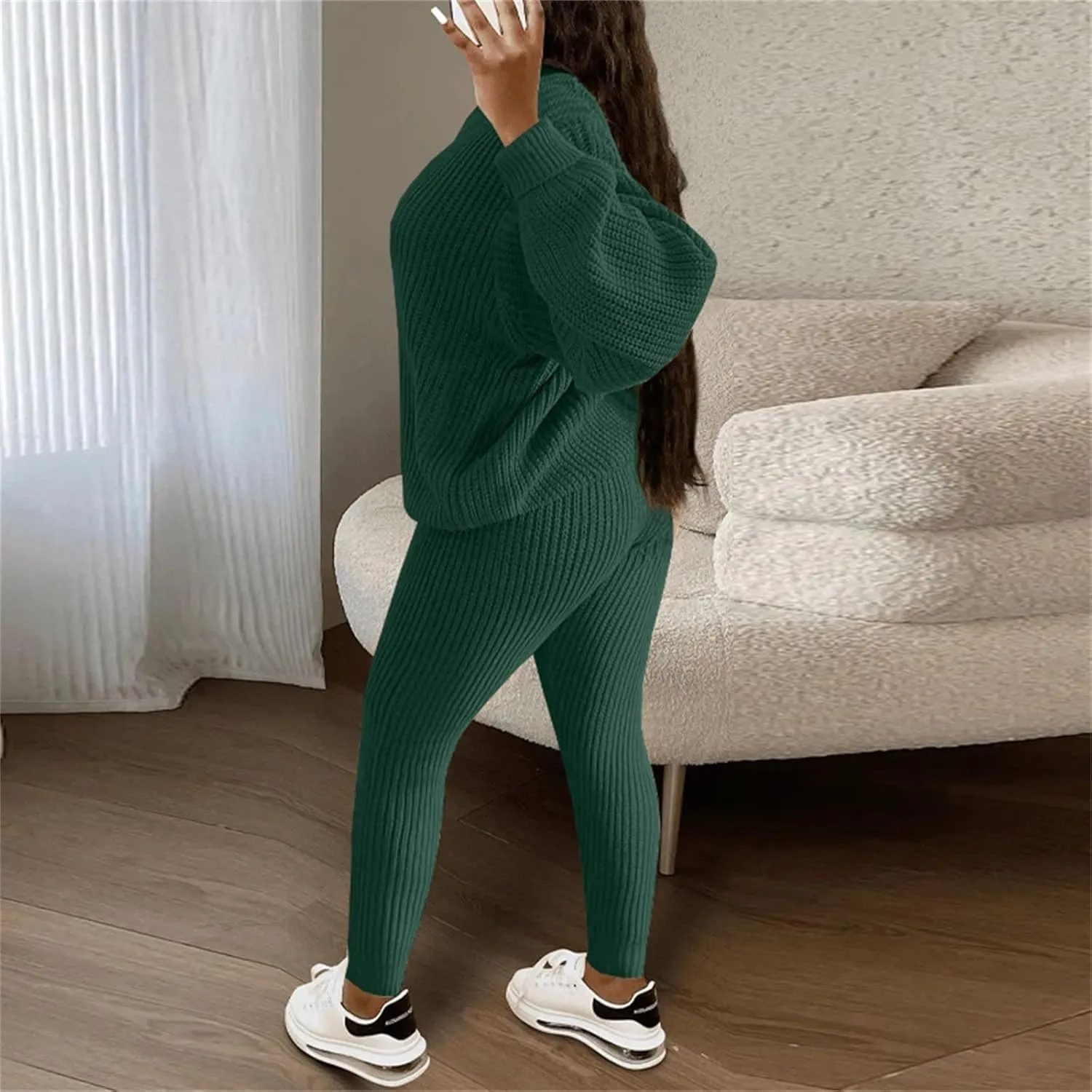 Miyaomn Casual Ribbed Knit Sets for Women 2 Piece Outfit Long Sleeve Pullover Sweater Top and Drawstring Long Pants Sweatsuit