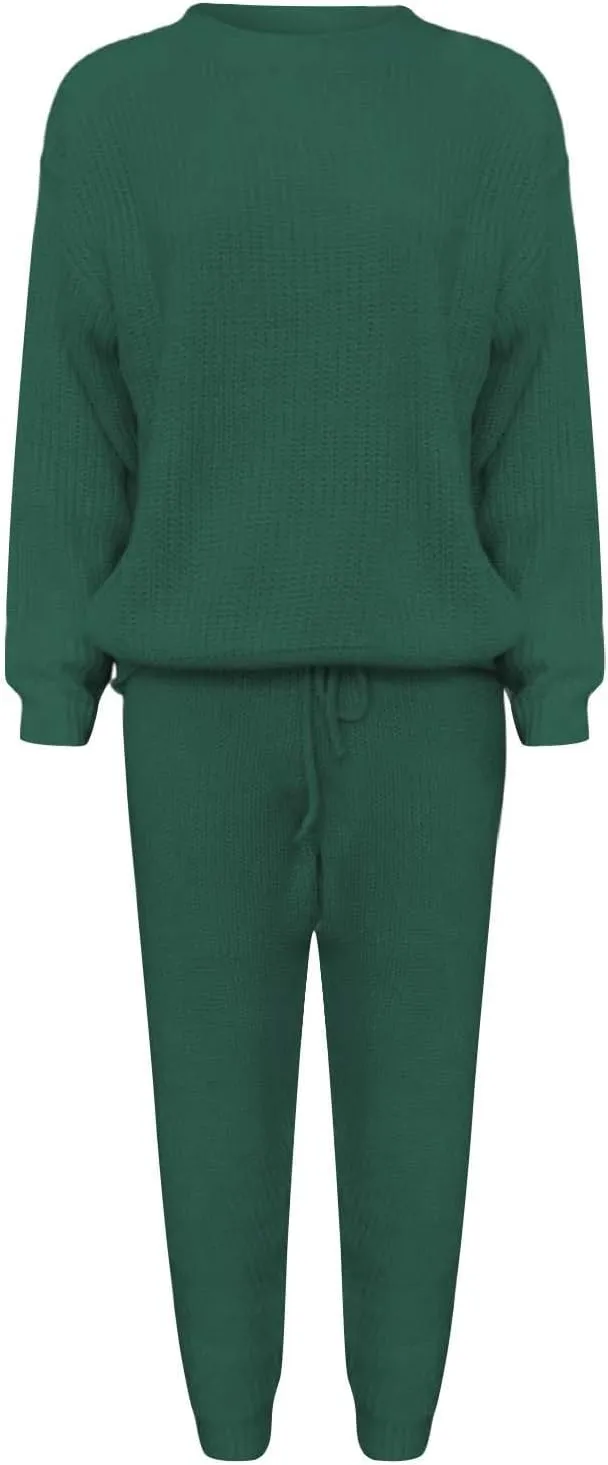 Miyaomn Casual Ribbed Knit Sets for Women 2 Piece Outfit Long Sleeve Pullover Sweater Top and Drawstring Long Pants Sweatsuit
