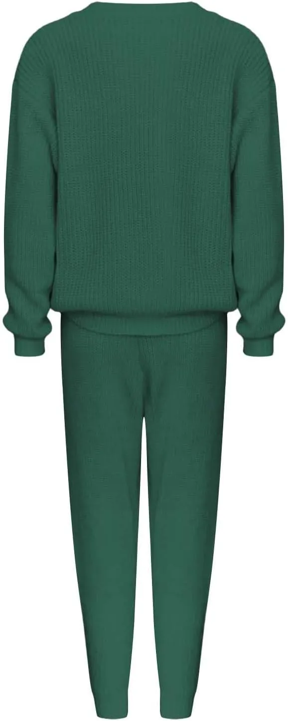 Miyaomn Casual Ribbed Knit Sets for Women 2 Piece Outfit Long Sleeve Pullover Sweater Top and Drawstring Long Pants Sweatsuit
