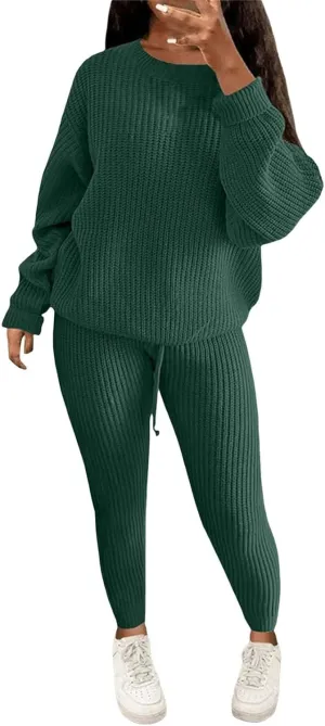 Miyaomn Casual Ribbed Knit Sets for Women 2 Piece Outfit Long Sleeve Pullover Sweater Top and Drawstring Long Pants Sweatsuit