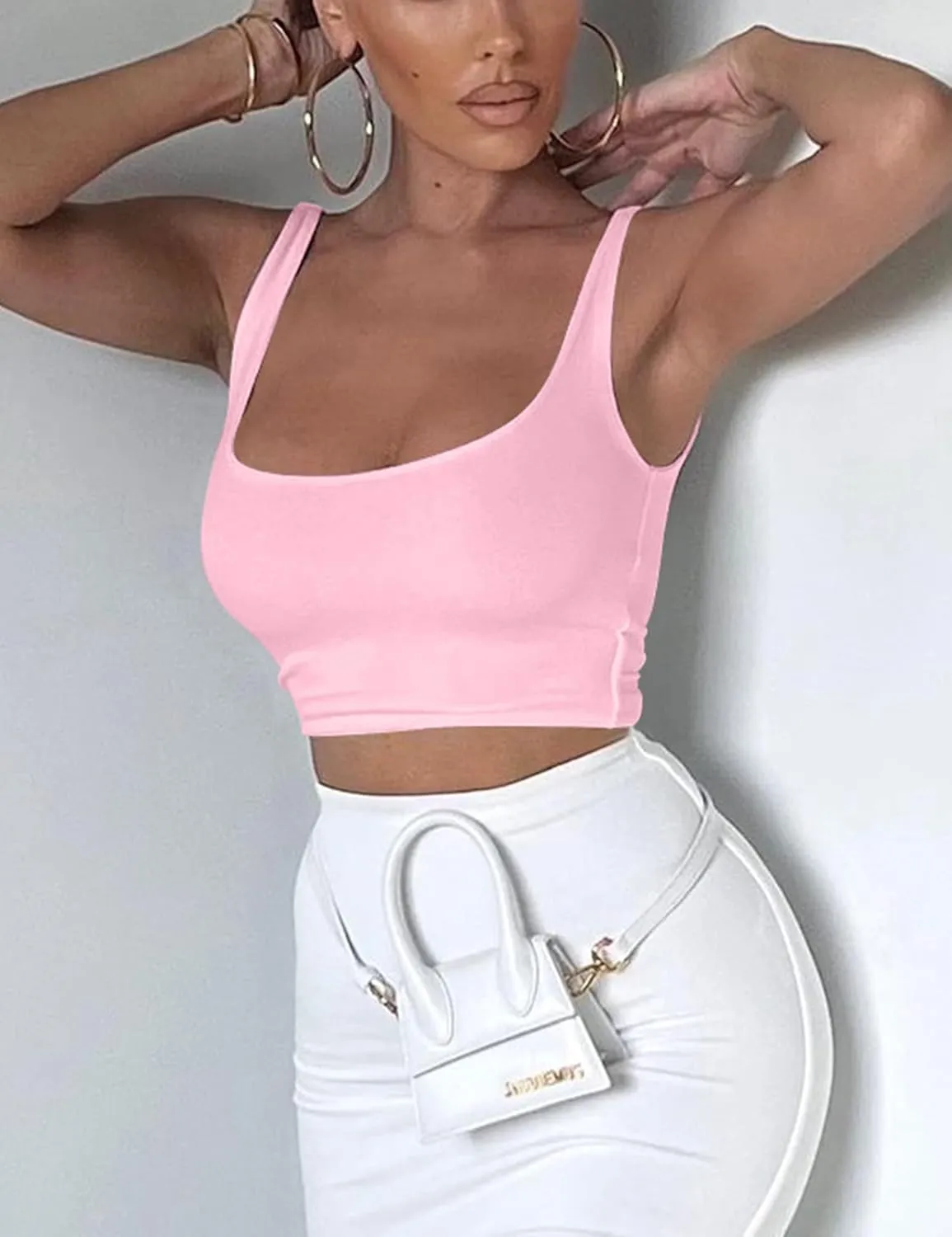 Mizoci Women's Basic Sleeveless Square Neck Cropped Double Layer Sexy Crop Tank Top