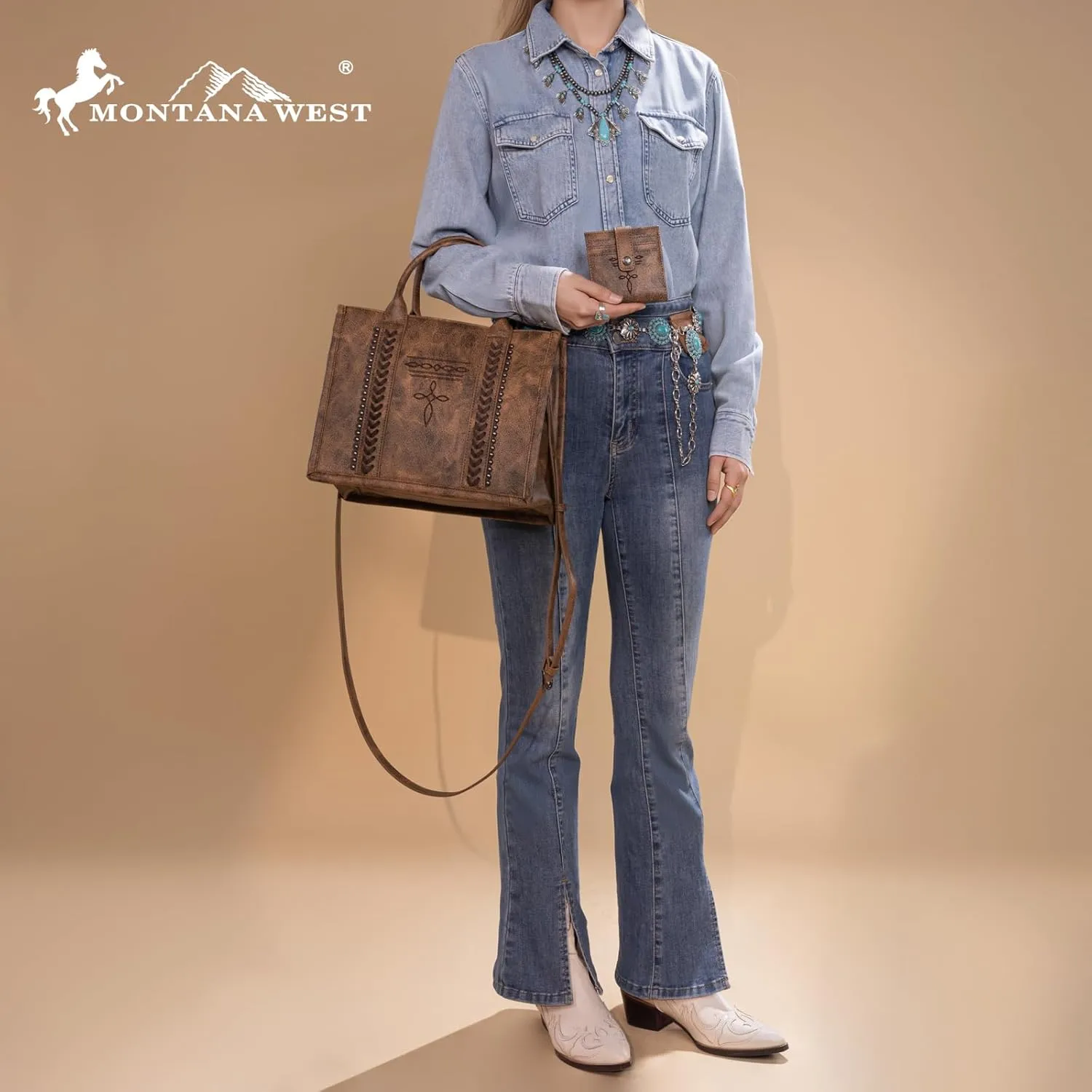 Montana West Longhorn Whipstitch Western Top Handle Tote Bag with Card Wallet Set