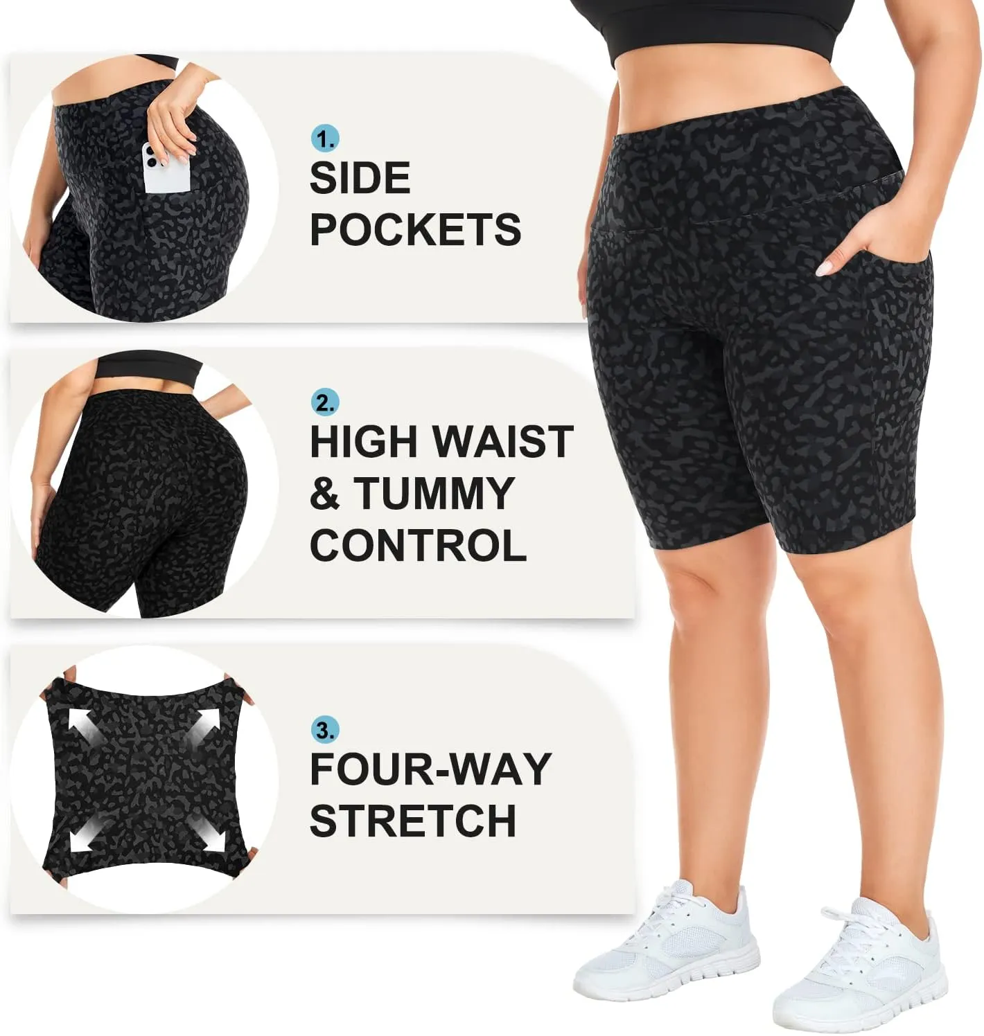 MOREFEEL Plus Size 8" Biker Shorts with Pockets for Women  High Waisted Tummy Control Black Yoga Shorts (XL-4XL)