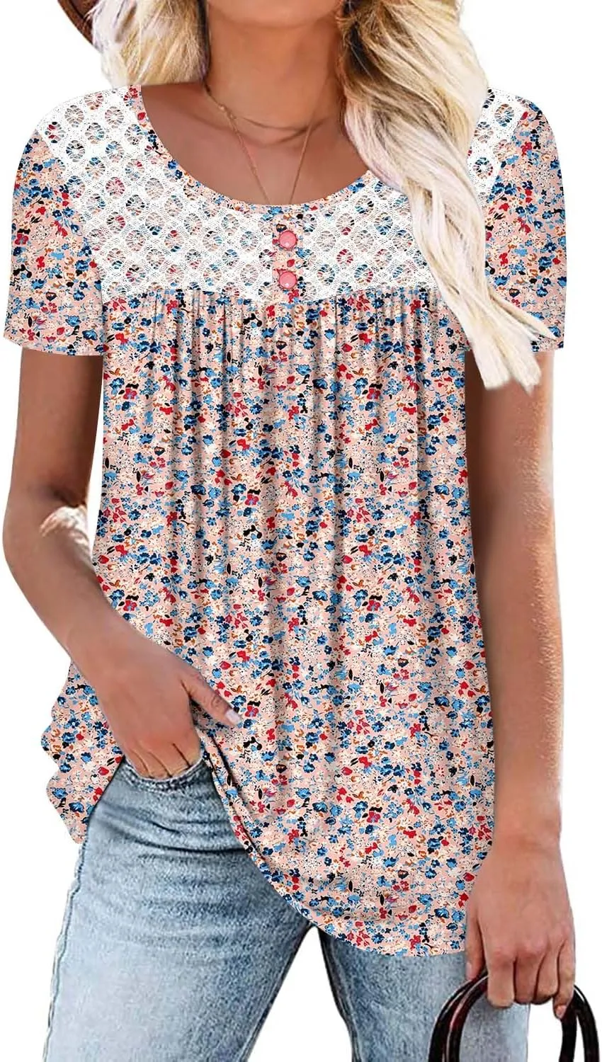 Mystry Zone Womens Henley V Neck Casual Blouse Button Down T Shirts Flare and Flowy Tops