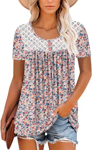 Mystry Zone Womens Henley V Neck Casual Blouse Button Down T Shirts Flare and Flowy Tops