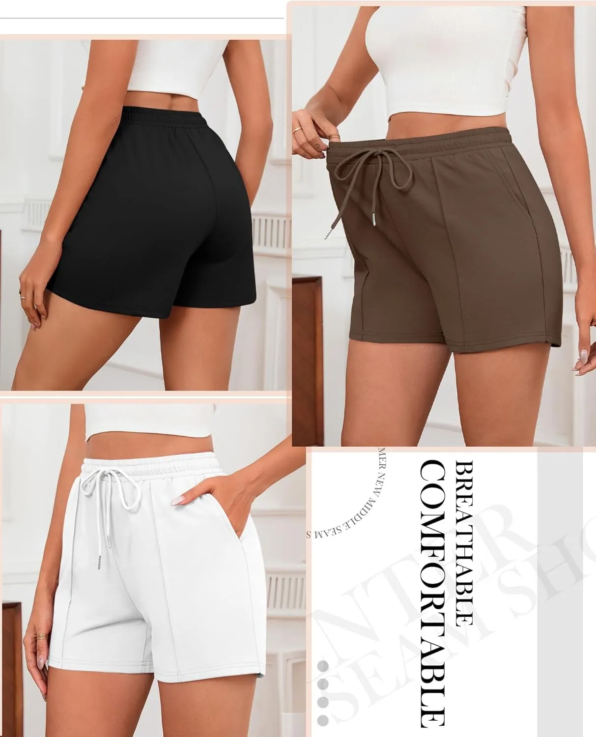 Neer 3 Pack Women's Sweat Shorts, Casual Drawstring Athletic Shorts Summer Lounge Loose Solid Active Short Pants with Pockets