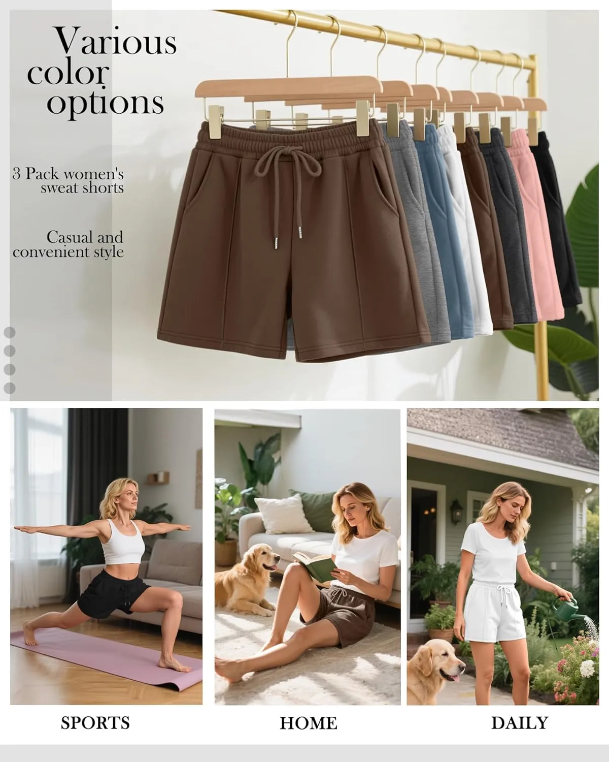 Neer 3 Pack Women's Sweat Shorts, Casual Drawstring Athletic Shorts Summer Lounge Loose Solid Active Short Pants with Pockets