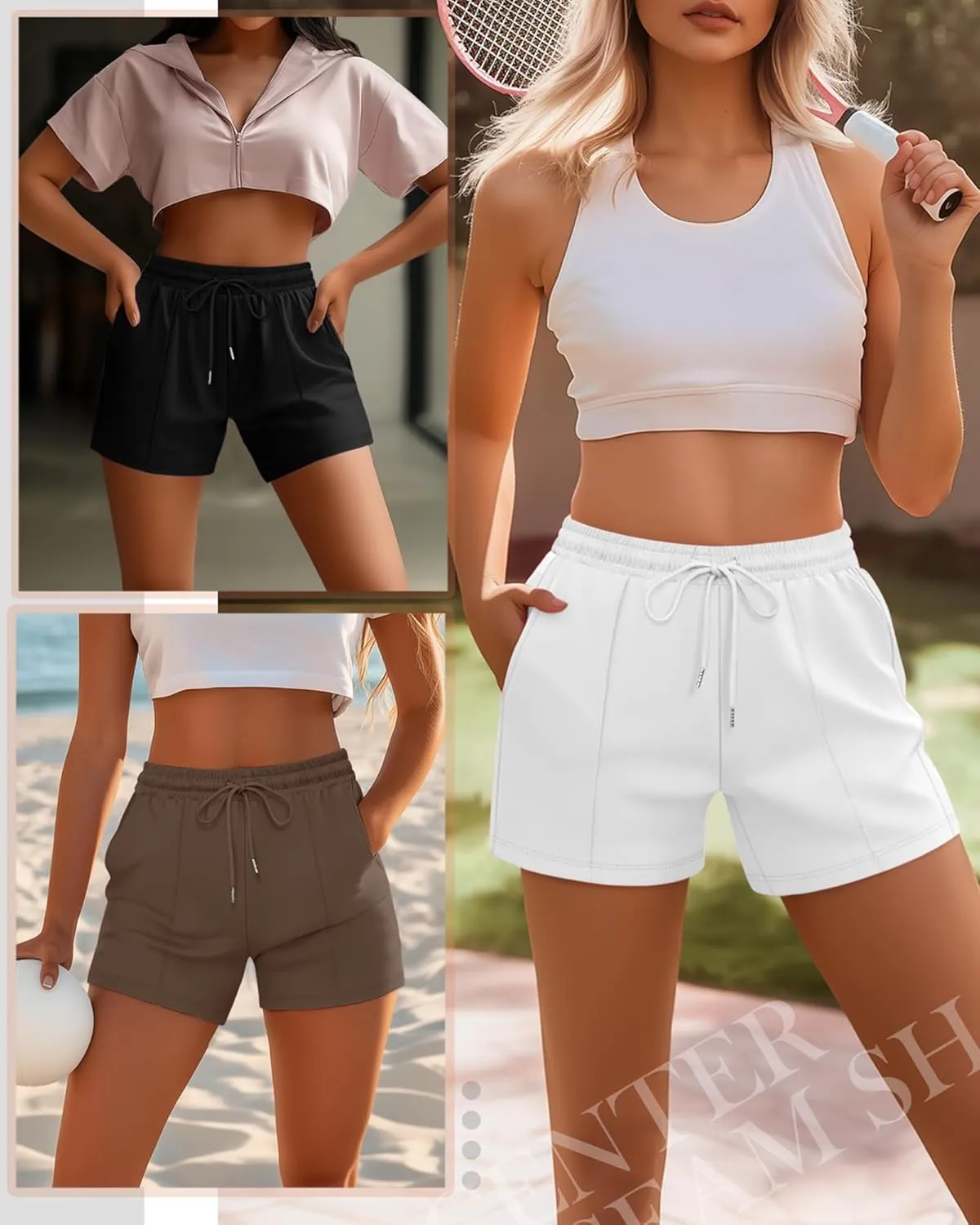 Neer 3 Pack Women's Sweat Shorts, Casual Drawstring Athletic Shorts Summer Lounge Loose Solid Active Short Pants with Pockets