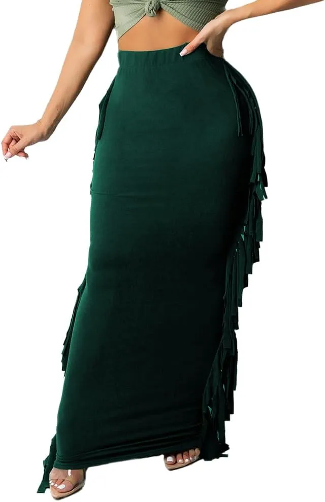 Nimsruc Women's Elastic Waist Slim Sexy Bodycon Skirts Party Club Night Out Long Pencil Maxi Skirt with Side Tassels