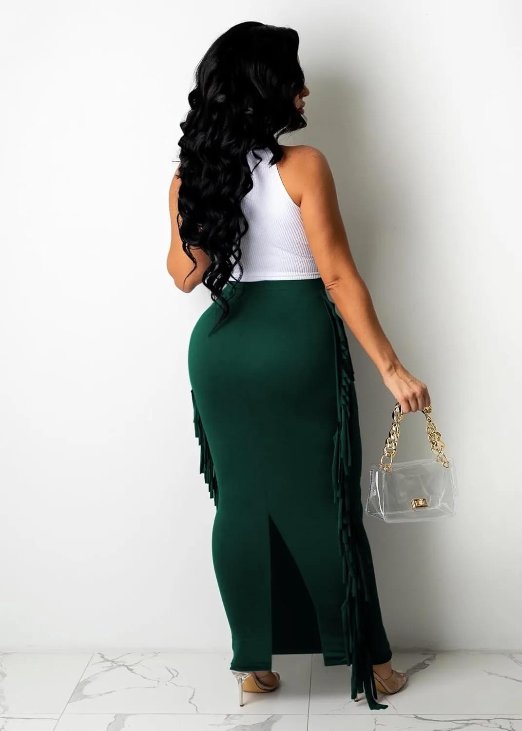Nimsruc Women's Elastic Waist Slim Sexy Bodycon Skirts Party Club Night Out Long Pencil Maxi Skirt with Side Tassels