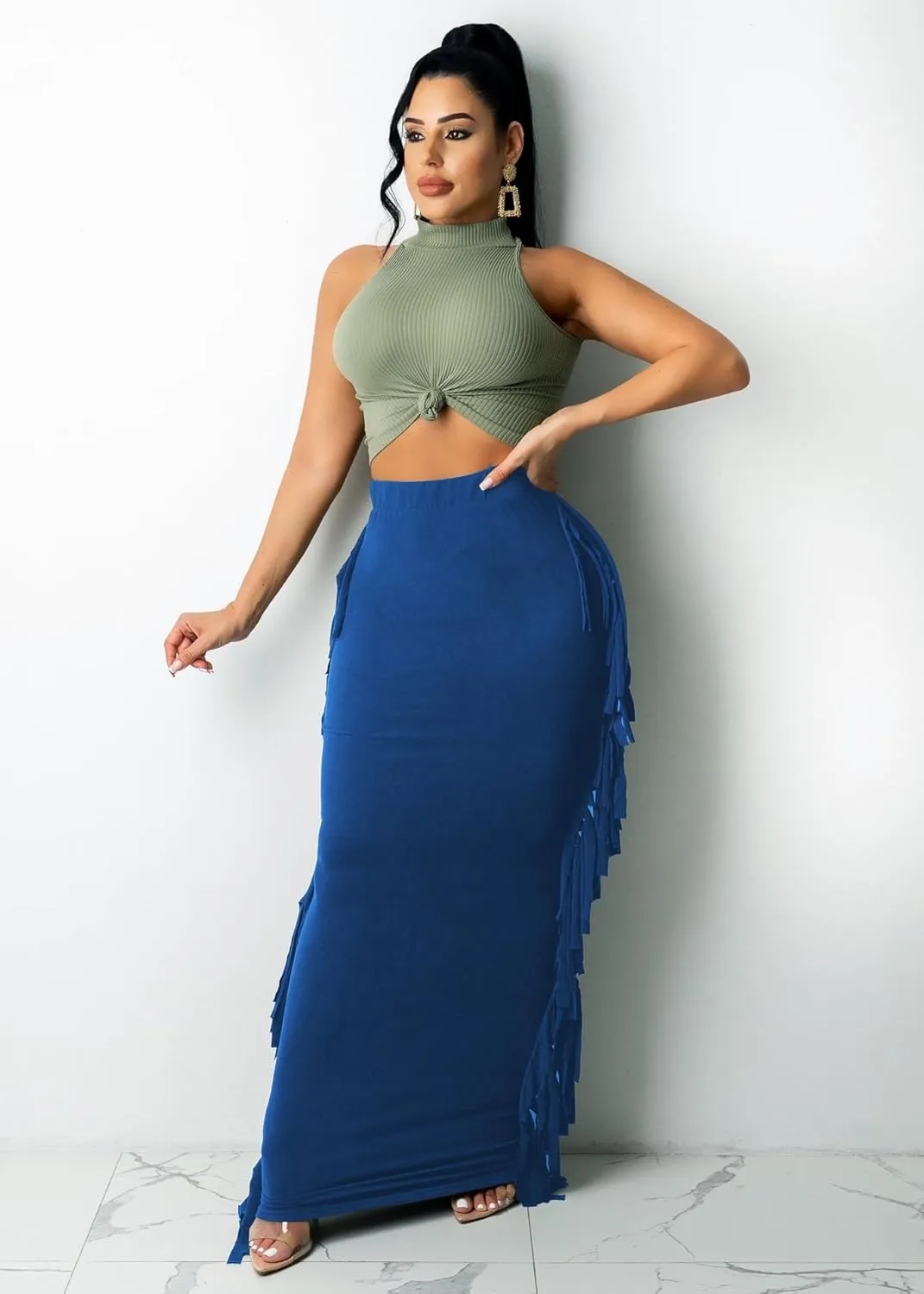 Nimsruc Women's Elastic Waist Slim Sexy Bodycon Skirts Party Club Night Out Long Pencil Maxi Skirt with Side Tassels