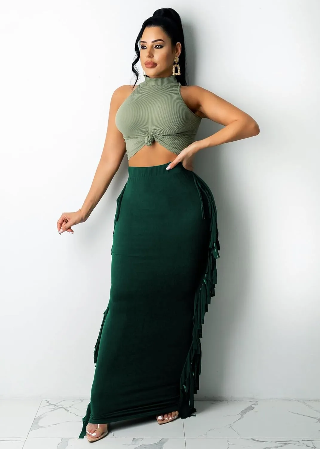 Nimsruc Women's Elastic Waist Slim Sexy Bodycon Skirts Party Club Night Out Long Pencil Maxi Skirt with Side Tassels