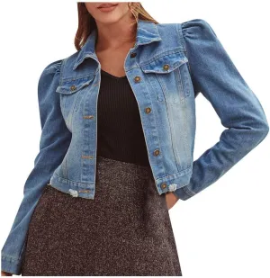 Ninasill Women's Denim Coat Pocket Long Sleeve Turn-Down Collar Short Slim Jacket