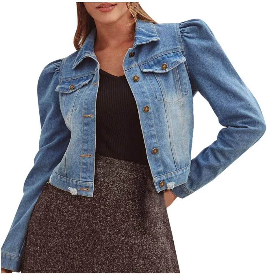 Ninasill Women's Denim Coat Pocket Long Sleeve Turn-Down Collar Short Slim Jacket